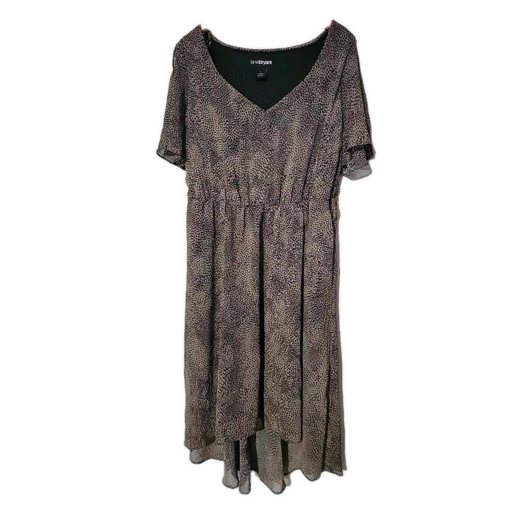 Lane Bryant Dress Black Tan Leopard High Low Chiffon Flutter Sleeve Size 14 Fall